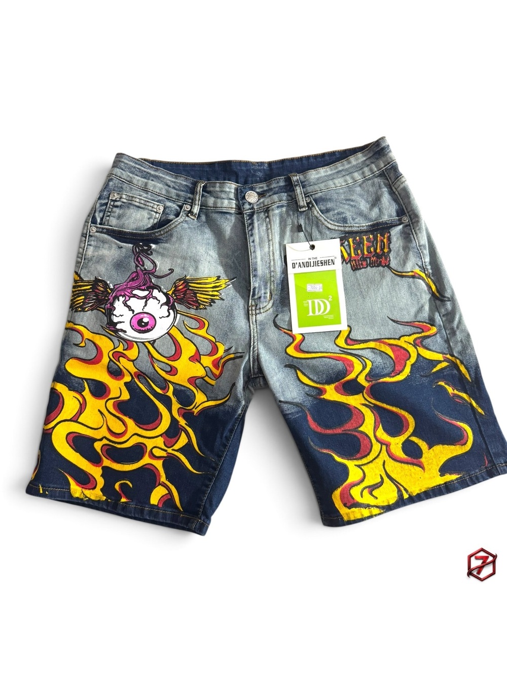 D’Andijieshen DD2 Flame Eyeball Denim Shorts Men’s 34 NWT Y2K Streetwear